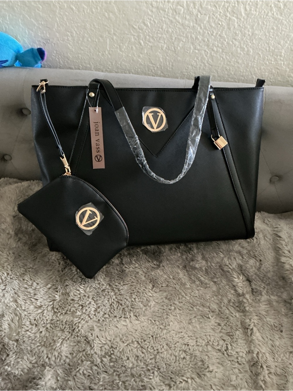 Joan Vass Black Tote with Gold Accents and Matching Pouch